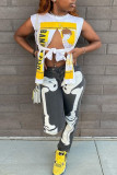 White Sexy Street Print Patchwork Slit O Neck T-Shirts