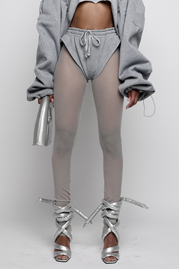 Grey Sexy Solid Mesh Skinny High Waist Pencil Solid Color Bottoms