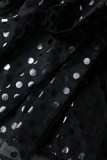 Black Sexy Print Patchwork Buckle See-through Turndown Collar Short Sleeve Two Pieces