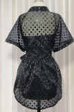 Black Sexy Print Patchwork Buckle See-through Turndown Collar Short Sleeve Two Pieces