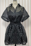 Black Sexy Print Patchwork Buckle See-through Turndown Collar Short Sleeve Two Pieces