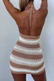 Blue Sexy Print Patchwork Backless Halter Pencil Skirt Dresses