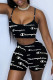 Black Fashion Casual Print Letter Spaghetti Strap Sleeveless Two Pieces