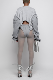 Grey Sexy Solid Mesh Skinny High Waist Pencil Solid Color Bottoms