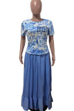 Blue Fashion adult Ma'am Street Print Two Piece Suits A-line skirt Short Sleeve Two Pieces