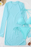 Lake Blue Sexy Solid Patchwork See-through Swimwears Three Pieces