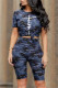 Blue Casual Letter Camouflage Print Patchwork O Neck Short Sleeve Two Pieces