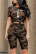 Orange Casual Letter Camouflage Print Patchwork O Neck Short Sleeve Two Pieces