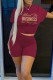 Burgundy Casual Print Patchwork O Neck Short Sleeve Two Pieces