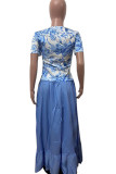 Blue Fashion adult Ma'am Street Print Two Piece Suits A-line skirt Short Sleeve Two Pieces