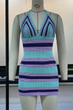 Blue Sexy Print Patchwork Backless Halter Pencil Skirt Dresses