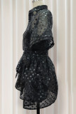 Black Sexy Print Patchwork Buckle See-through Turndown Collar Short Sleeve Two Pieces