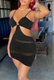 Black Sexy Solid Mesh Spaghetti Strap Pencil Skirt Dresses