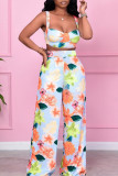 White Sweet Vacation Print Patchwork Two Pieces