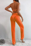 Tangerine Sexy Solid Split Joint See-through Halter Sleeveless Two Pieces