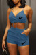 Blue Fashion Street Print Patchwork Halter Sleeveless Two Pieces