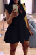 Black Casual Solid Patchwork Buckle Flounce Turndown Collar A Line Dresses