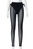 Grey Sexy Solid Mesh Skinny High Waist Pencil Solid Color Bottoms