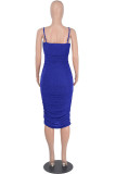 Blue Sexy Solid Split Joint Fold Spaghetti Strap One Step Skirt Dresses