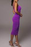 Purple Sexy Solid Split Joint Fold Spaghetti Strap One Step Skirt Dresses