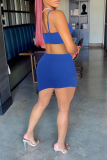 Color Blue Sexy Solid Mesh Spaghetti Strap Pencil Skirt Dresses