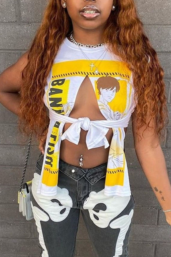 White Sexy Street Print Patchwork Slit O Neck T-Shirts