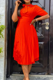 Tangerine Red Casual Solid Bandage Patchwork Fold O Neck A Line Dresses