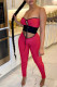 Rose Red Sexy Solid Bandage Hollowed Out Split Joint Strapless Skinny Jumpsuits