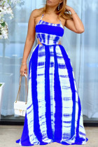 Blue Sexy Print Split Joint Backless Halter Straight Dresses