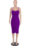 Purple Sexy Solid Split Joint Fold Spaghetti Strap One Step Skirt Dresses