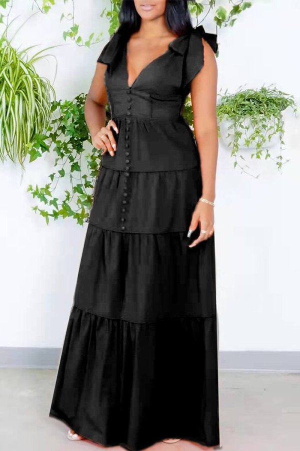 Black Casual Solid Bandage V Neck Cake Skirt Dresses