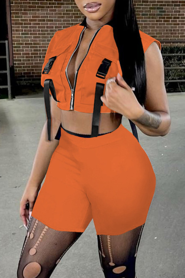 Orange Fashion Casual Solid Patchwork Zipper Collar Sleeveless Two Pieces