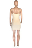 Khaki Fashion Sexy Solid Hollowed Out Backless V Neck Sling Dress