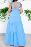 Light Blue Casual Solid Bandage V Neck Cake Skirt Dresses