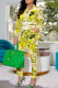 Yellow Fashion Casual Print Patchwork Turndown Collar Long Sleeve Two Pieces