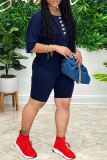 Deep Blue Fashion Casual Solid Buttons O Neck Short Sleeve Two Pieces