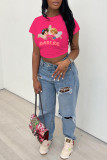 Rose Red Fashion Casual Print Basic O Neck T-Shirts