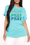 Deep Blue Fashion Casual Letter Print Basic O Neck T-Shirts