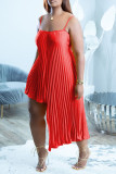 Red Sexy Solid Patchwork Fold Asymmetrical Spaghetti Strap Sling Dress Dresses