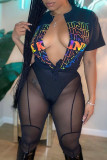 Black Sexy Print Patchwork See-through O Neck Short Sleeve Two Pieces