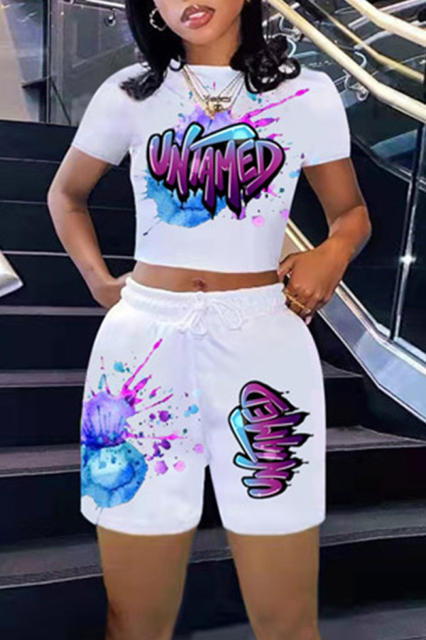 White Fashion Casual Print Basic O Neck Short Sleeve Two Pieces