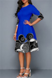 Blue Fashion Casual Print Basic O Neck Dresses