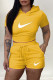 Yellow Fashion Casual Print Backless Hooded Collar Short Sleeve Two Pieces
