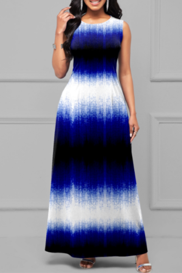 Blue Fashion Casual Print Basic O Neck Sleeveless Dress