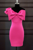 Rose Red Fashion Sexy Solid Patchwork Backless With Bow One Shoulder Evening Dress