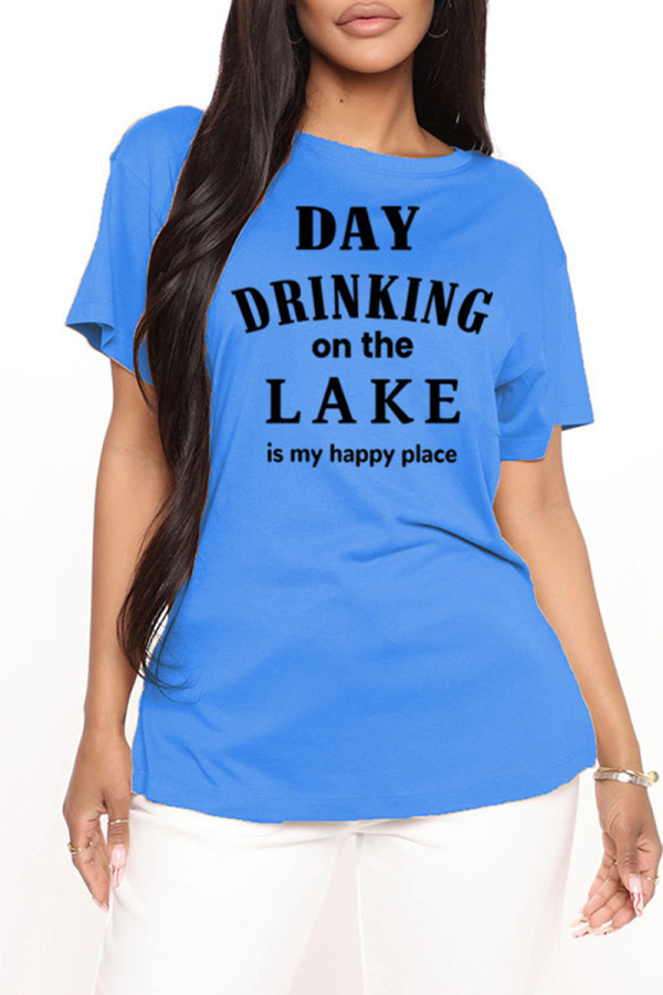 Deep Blue Plus Size Casual Letter Print Basic O Neck T-Shirts