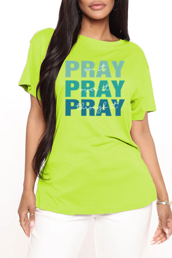 Fruit Green Fashion Casual Letter Print Basic O Neck T-Shirts