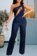 Dark Blue Fashion Casual Solid Hollowed Out Patchwork Zipper Oblique Collar Regular Jumpsuits