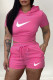 Pink Fashion Casual Print Backless Hooded Collar Short Sleeve Two Pieces