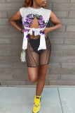White Casual Print Bandage Patchwork Slit O Neck Sleeveless Two Pieces